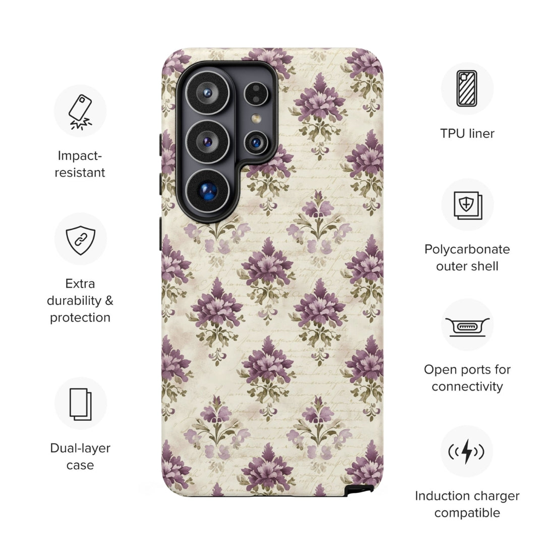 Vintage Floral Damask Tough Case for Samsung Galaxy S26 Ultra – Dual Layer Protective Phone Case (Glossy or Matte)