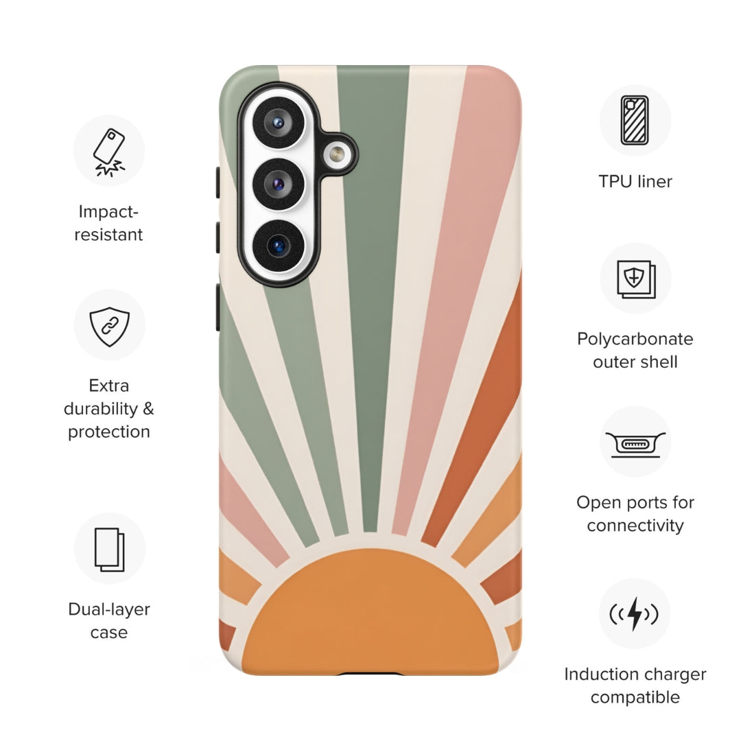 Retro Sunrise Tough Case for Samsung Galaxy S26 Plus – Dual Layer Protective Phone Case (Glossy or Matte)