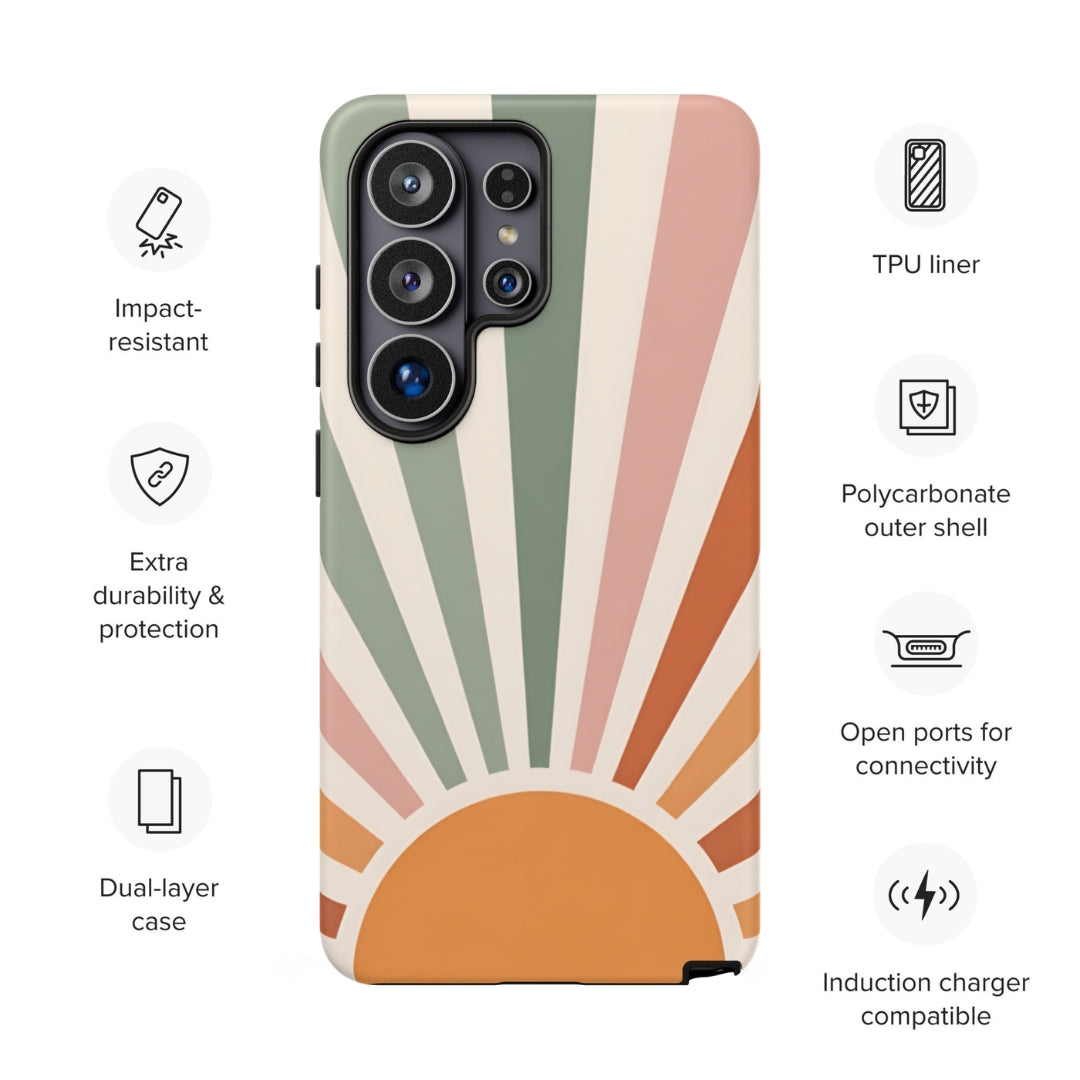 Retro Sunrise Tough Case for Samsung Galaxy S26 Ultra – Dual Layer Protective Phone Case (Glossy or Matte)
