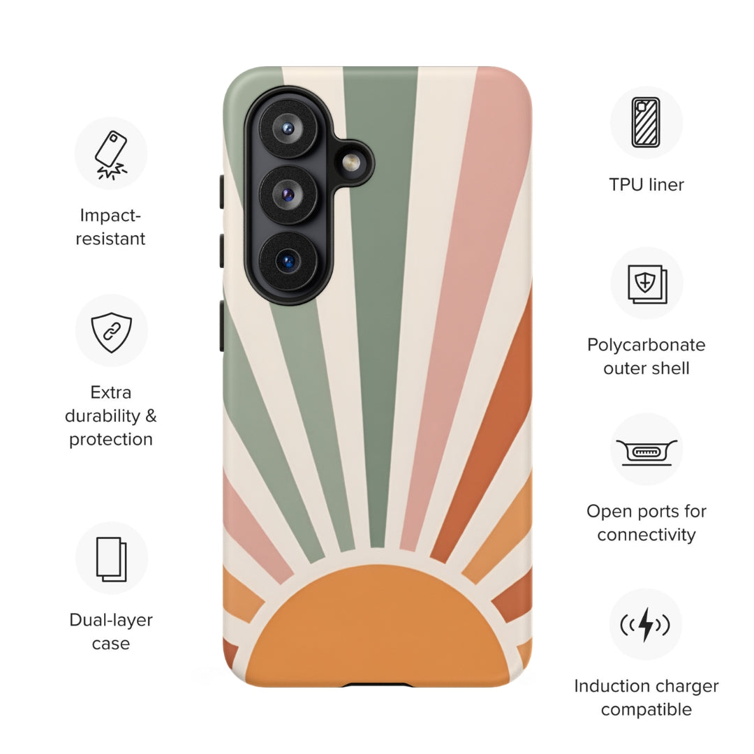 Retro Sunrise Tough Case for Samsung Galaxy S26 – Dual Layer Protective Phone Case (Glossy or Matte)