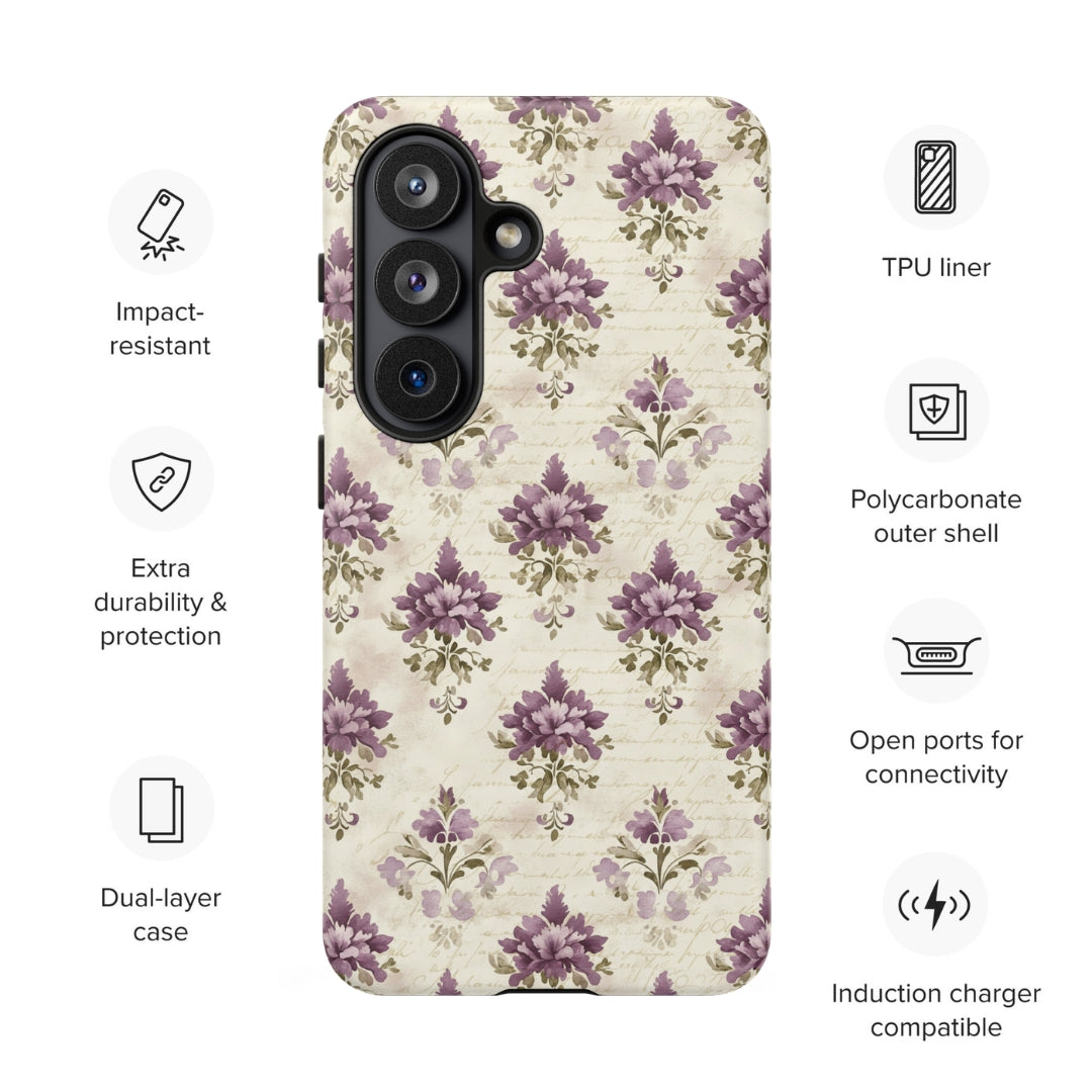 Vintage Floral Damask Tough Case for Samsung Galaxy S26 – Dual Layer Protective Phone Case (Glossy or Matte)