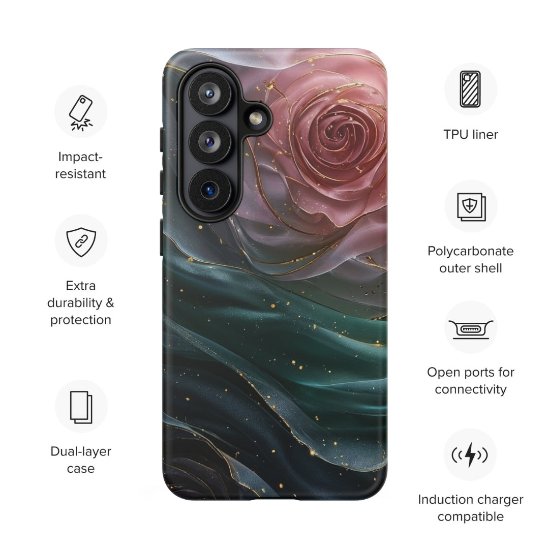Elegant Rose Marble Tough Case for Samsung Galaxy S26 – Dual Layer Protective Phone Case (Glossy or Matte)