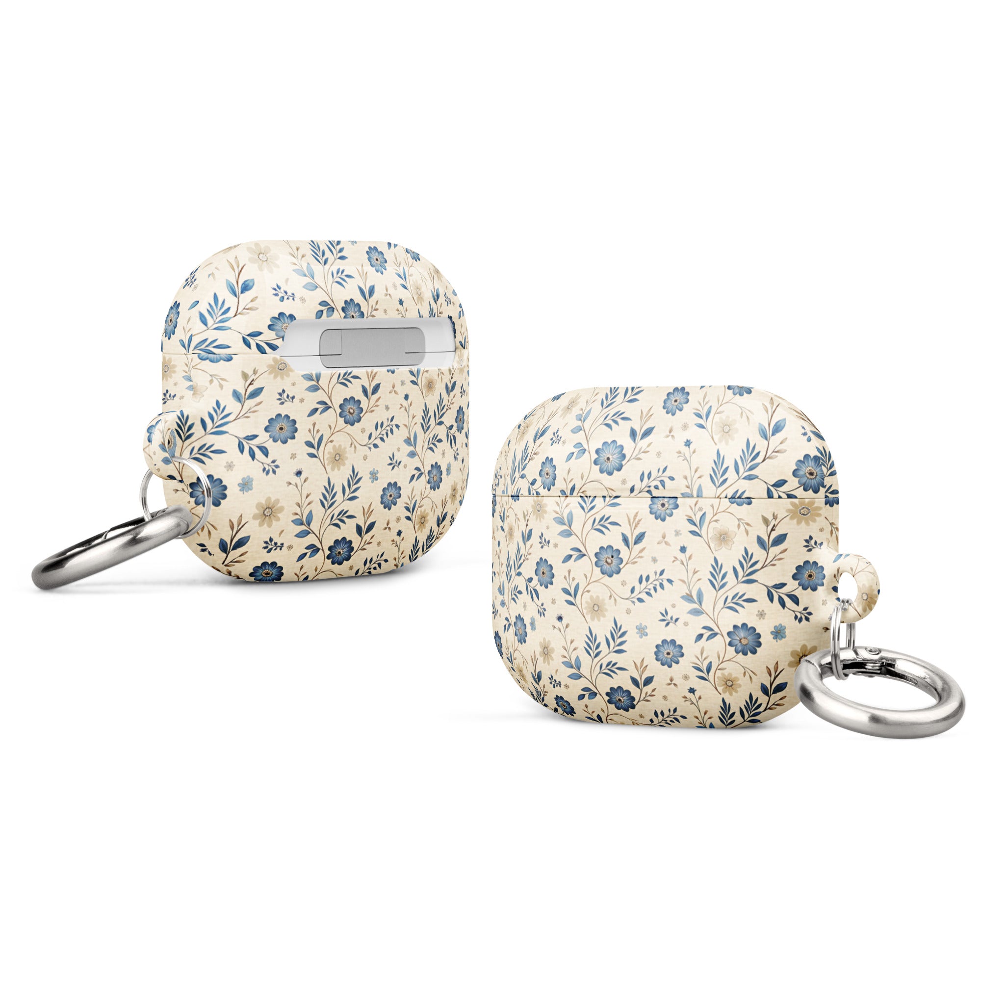 Blue Meadow Floral Case for AirPods – Protective PC Cover with Metal Carabiner