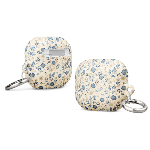 Blue Meadow Floral Case for AirPods – Protective PC Cover with Metal Carabiner
