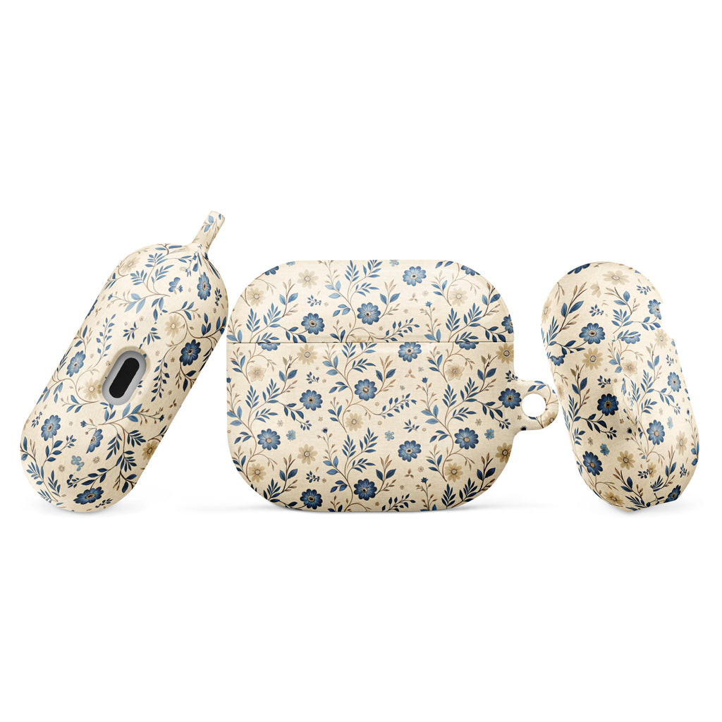 Blue Meadow Floral Case for AirPods – Protective PC Cover with Metal Carabiner