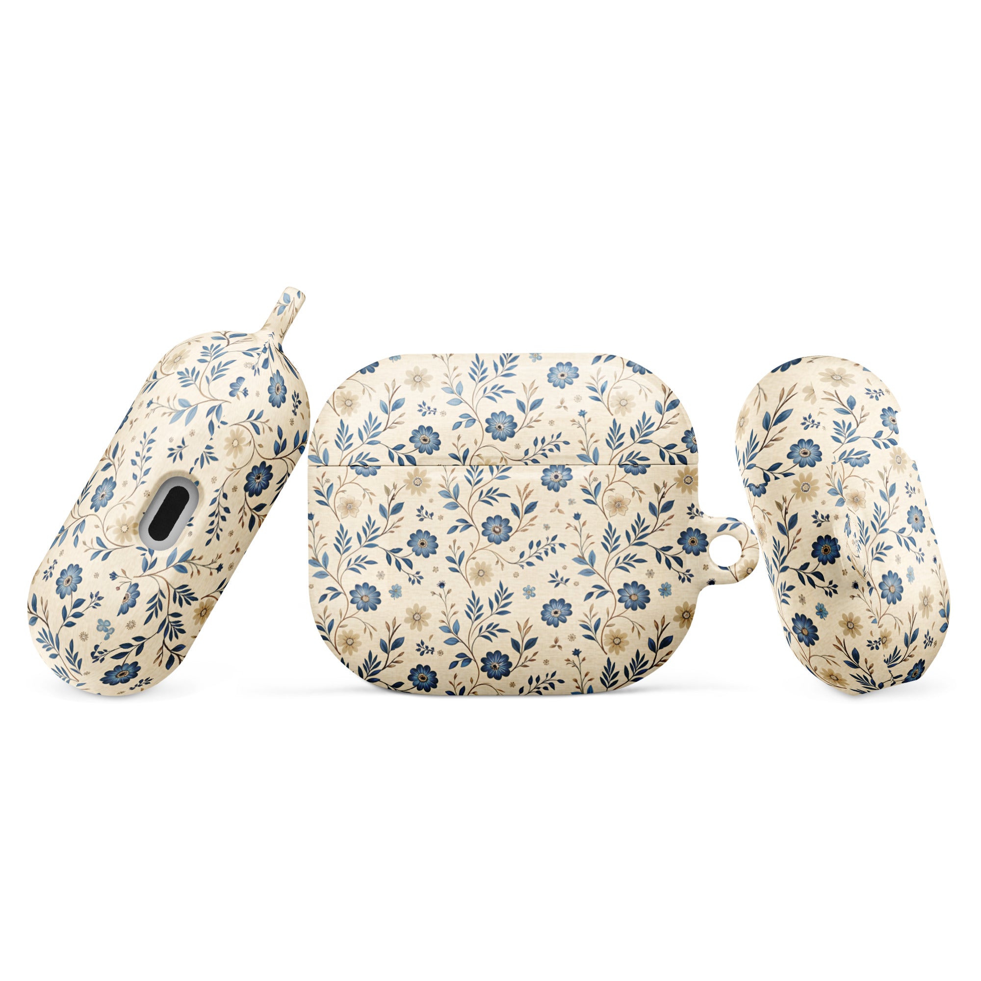Blue Meadow Floral Case for AirPods – Protective PC Cover with Metal Carabiner