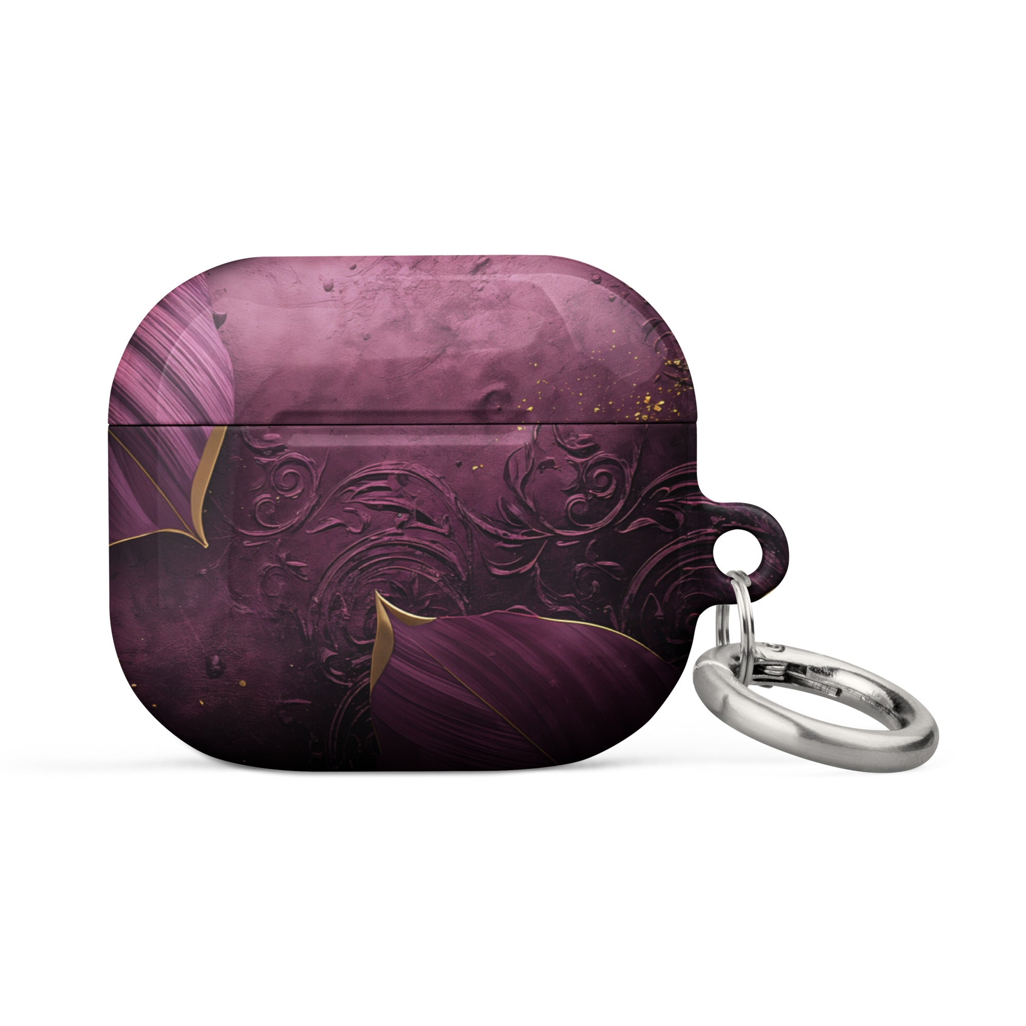 Royal Plum Filigree Case for AirPods – Protective PC Cover with Metal Carabiner
