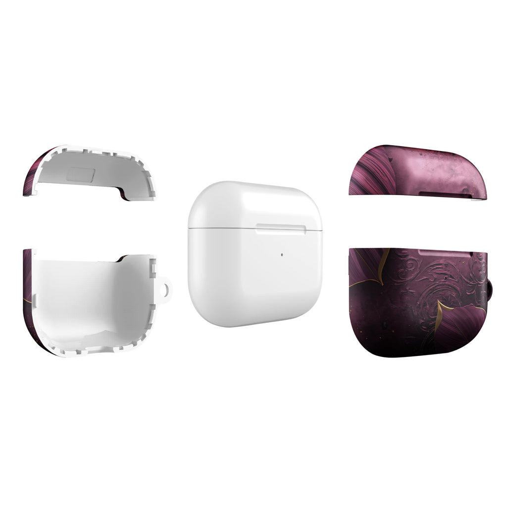 Royal Plum Filigree Case for AirPods – Protective PC Cover with Metal Carabiner