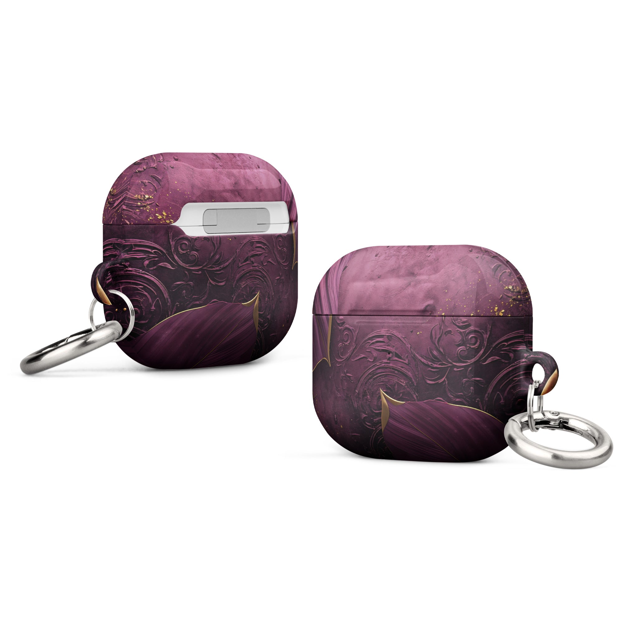 Royal Plum Filigree Case for AirPods – Protective PC Cover with Metal Carabiner