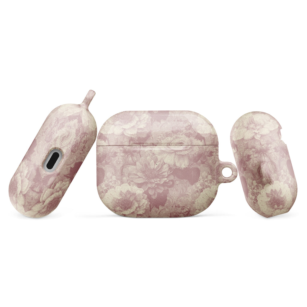 Vintage Blush Floral Damask AirPods Case – Protective PC Cover with Metal Carabiner