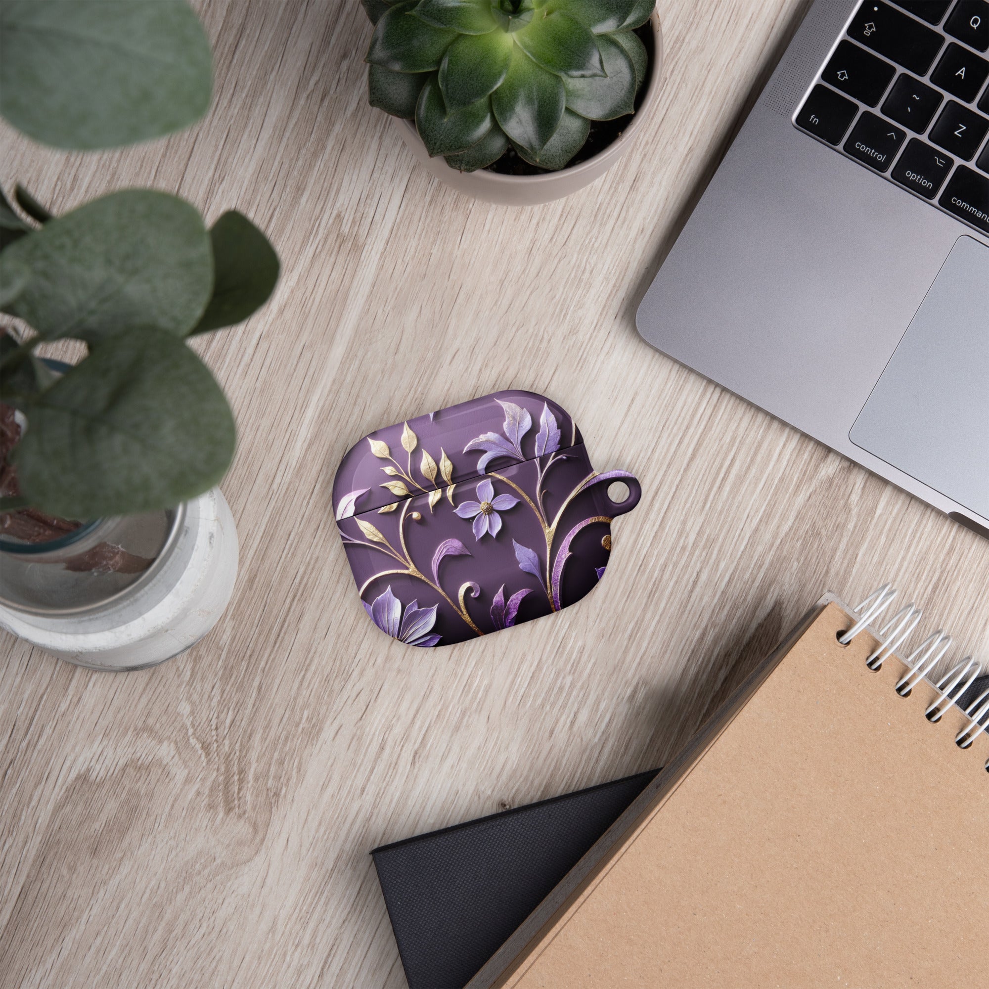 Royal Violet Filigree AirPods Case – Protective PC Cover with Metal Carabiner