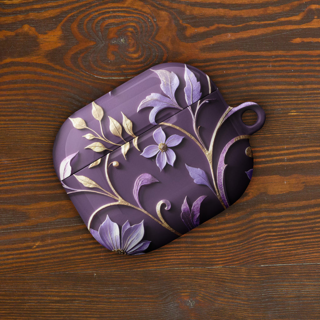 Royal Violet Filigree AirPods Case – Protective PC Cover with Metal Carabiner