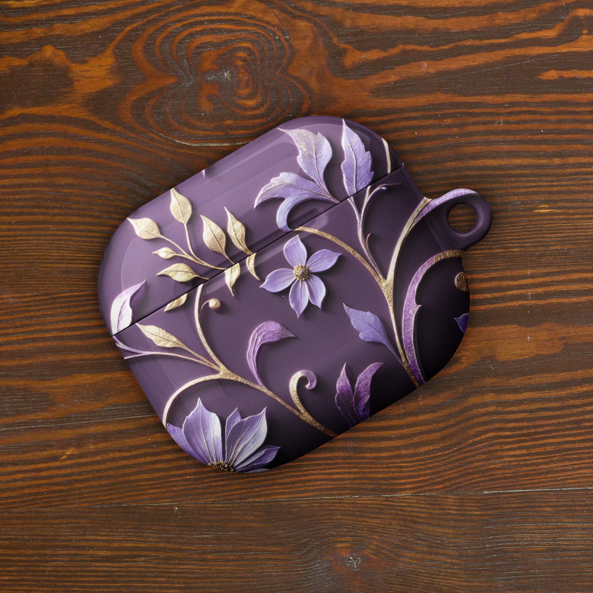 Royal Violet Filigree AirPods Case – Protective PC Cover with Metal Carabiner