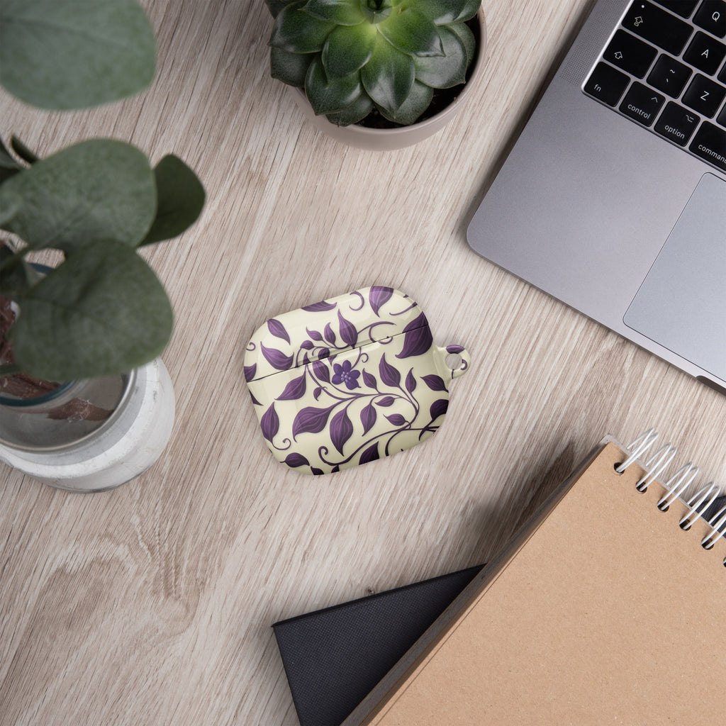 Violet Botanical Pattern AirPods Case – Protective PC Cover with Metal Carabiner