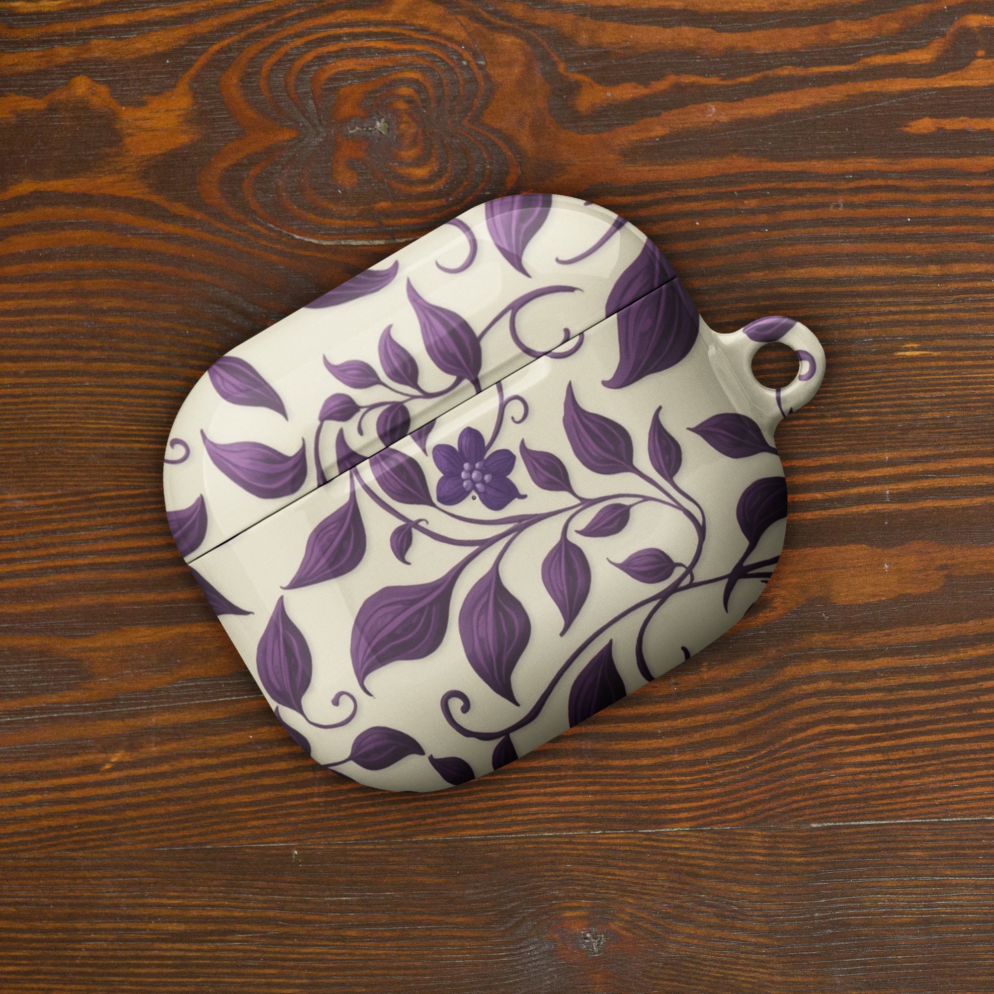 Violet Botanical Pattern AirPods Case – Protective PC Cover with Metal Carabiner