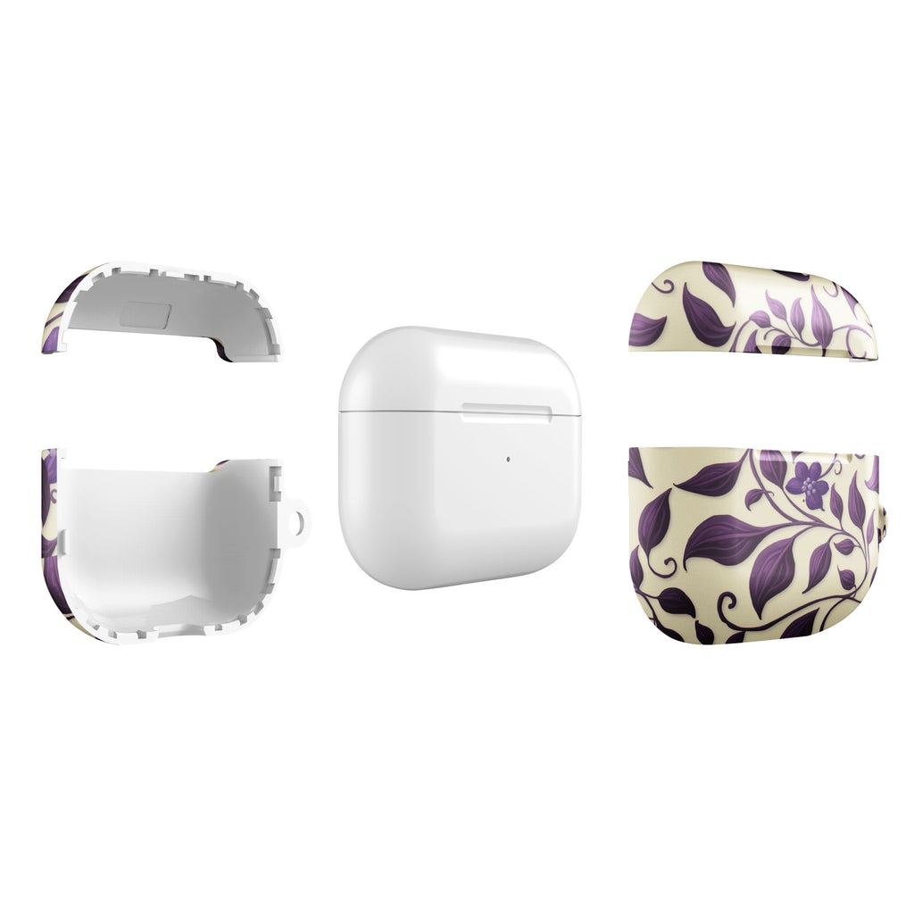 Violet Botanical Pattern AirPods Case – Protective PC Cover with Metal Carabiner