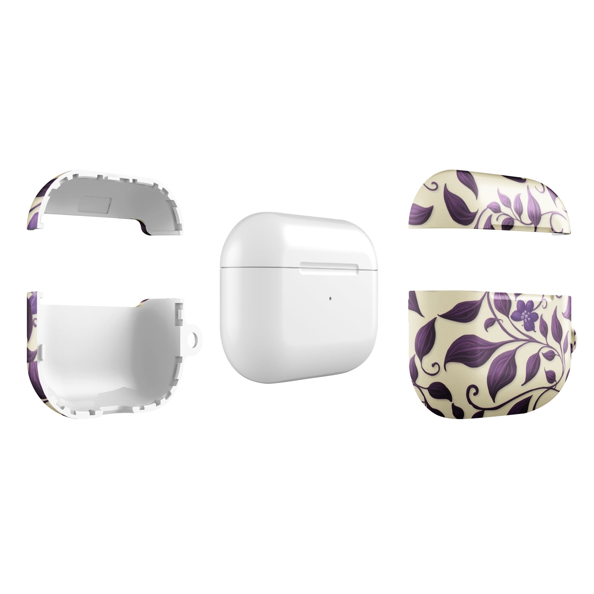 Violet Botanical Pattern AirPods Case – Protective PC Cover with Metal Carabiner