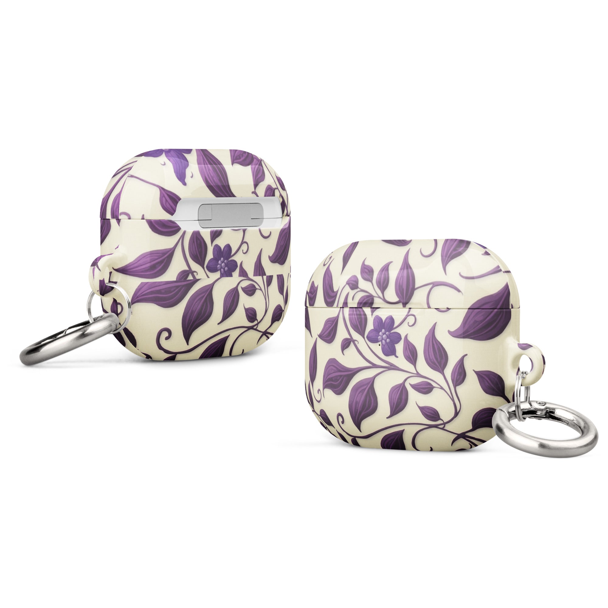 Violet Botanical Pattern AirPods Case – Protective PC Cover with Metal Carabiner
