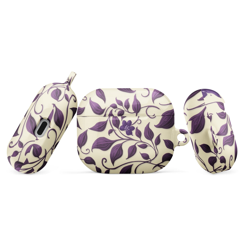 Violet Botanical Pattern AirPods Case – Protective PC Cover with Metal Carabiner