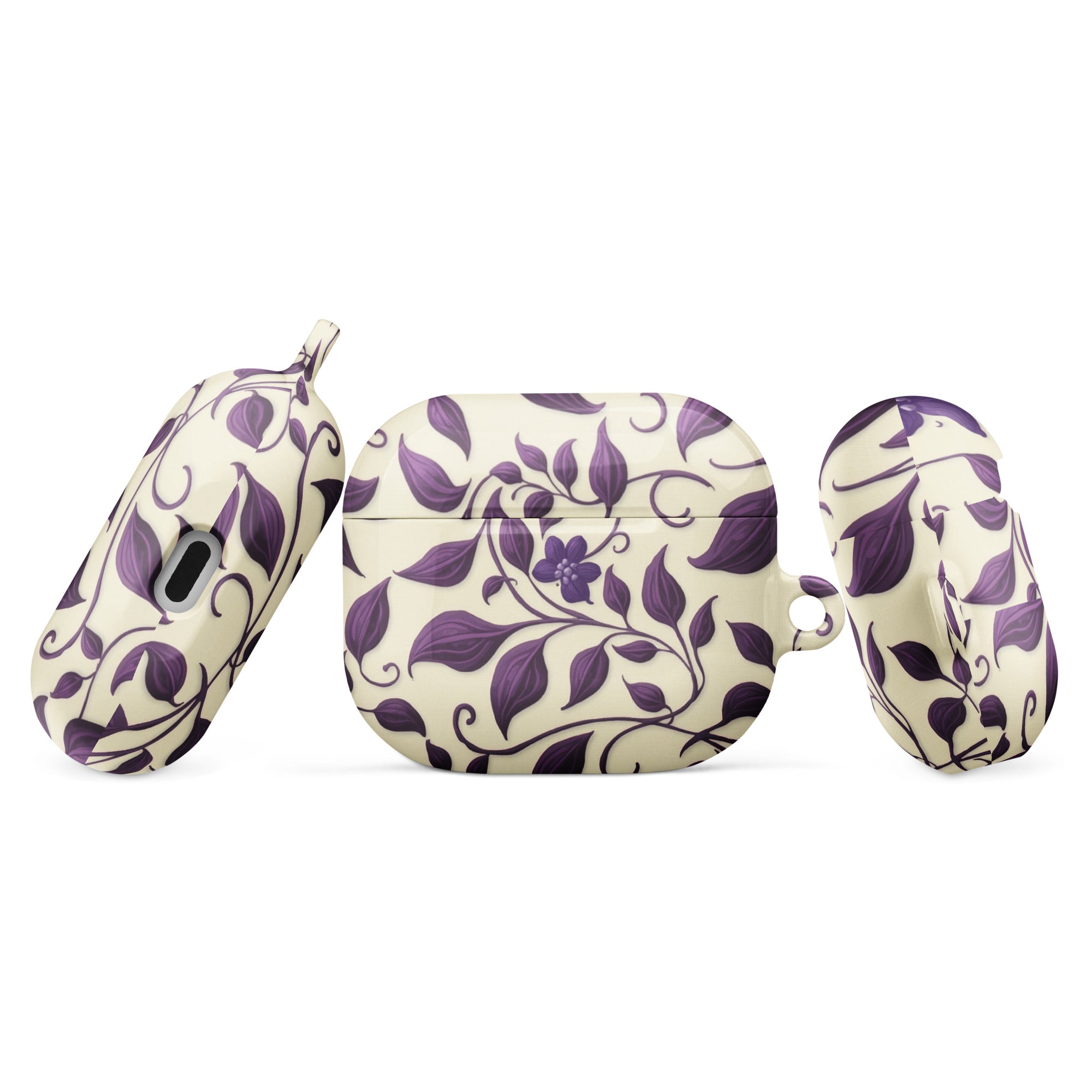 Violet Botanical Pattern AirPods Case – Protective PC Cover with Metal Carabiner