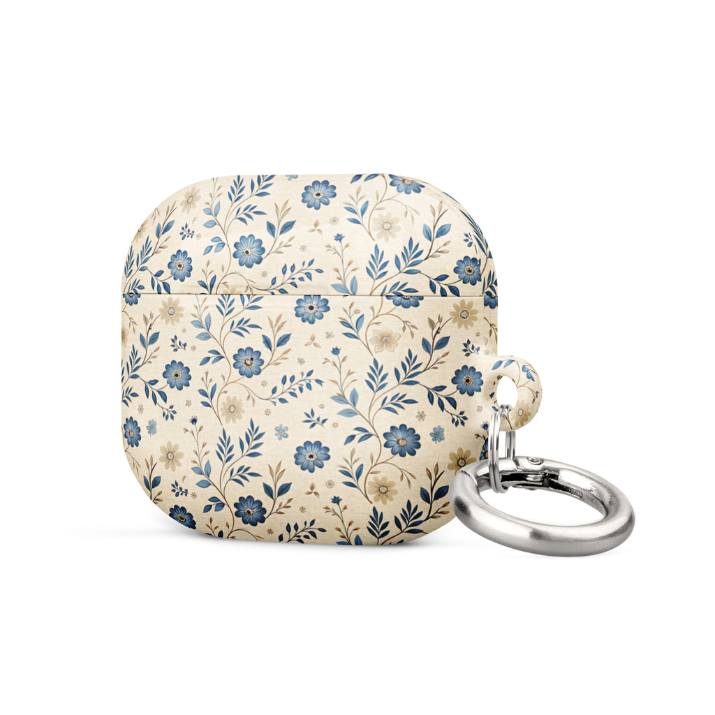 Blue Meadow Floral Case for AirPods – Protective PC Cover with Metal Carabiner