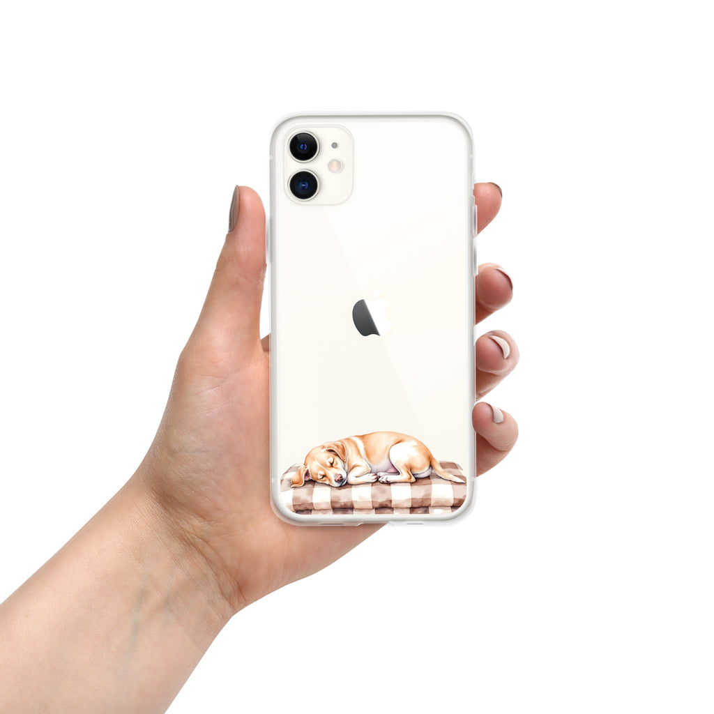 Sleepy Dog on Checkered Blanket Clear Case for iPhone 11 - Cute Cozy Puppy Illustration Protective Cover