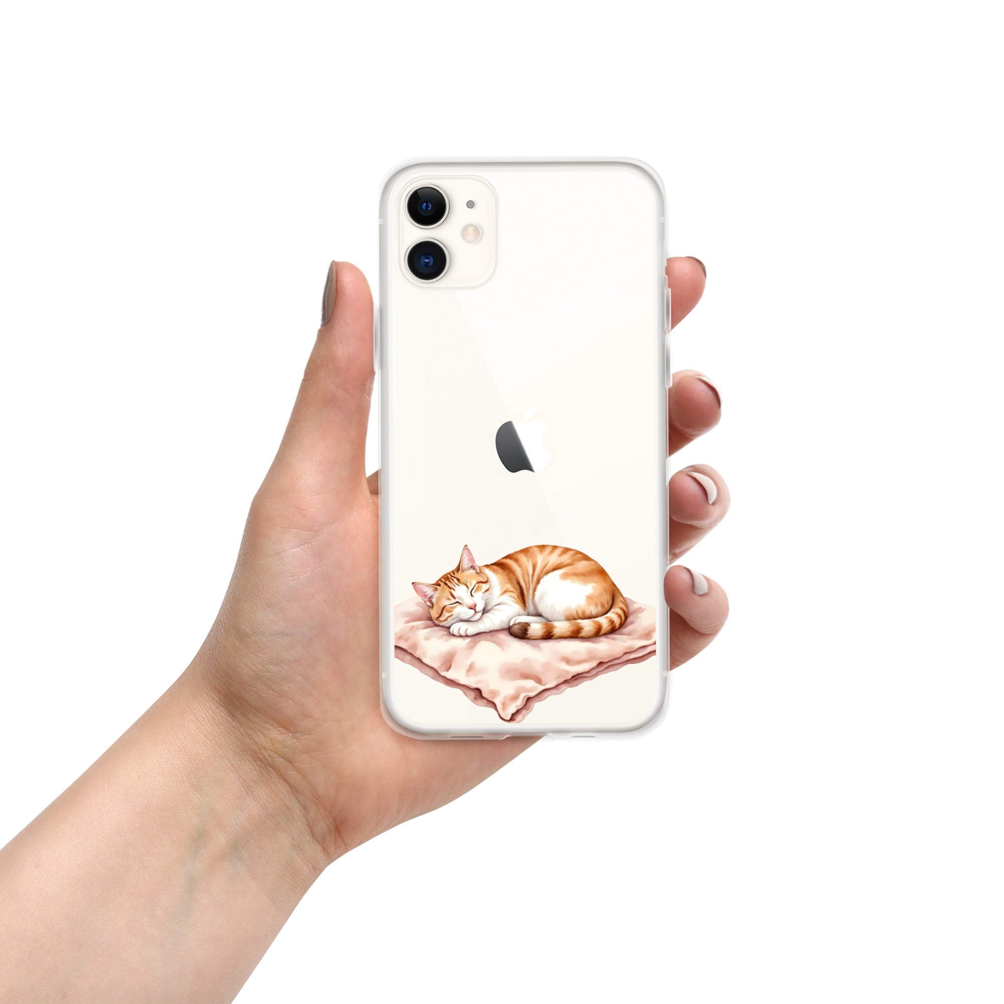 Sleepy Cat on Pillow Clear Case for iPhone 11 - Cute Cozy Kitty Illustration Protective Cover