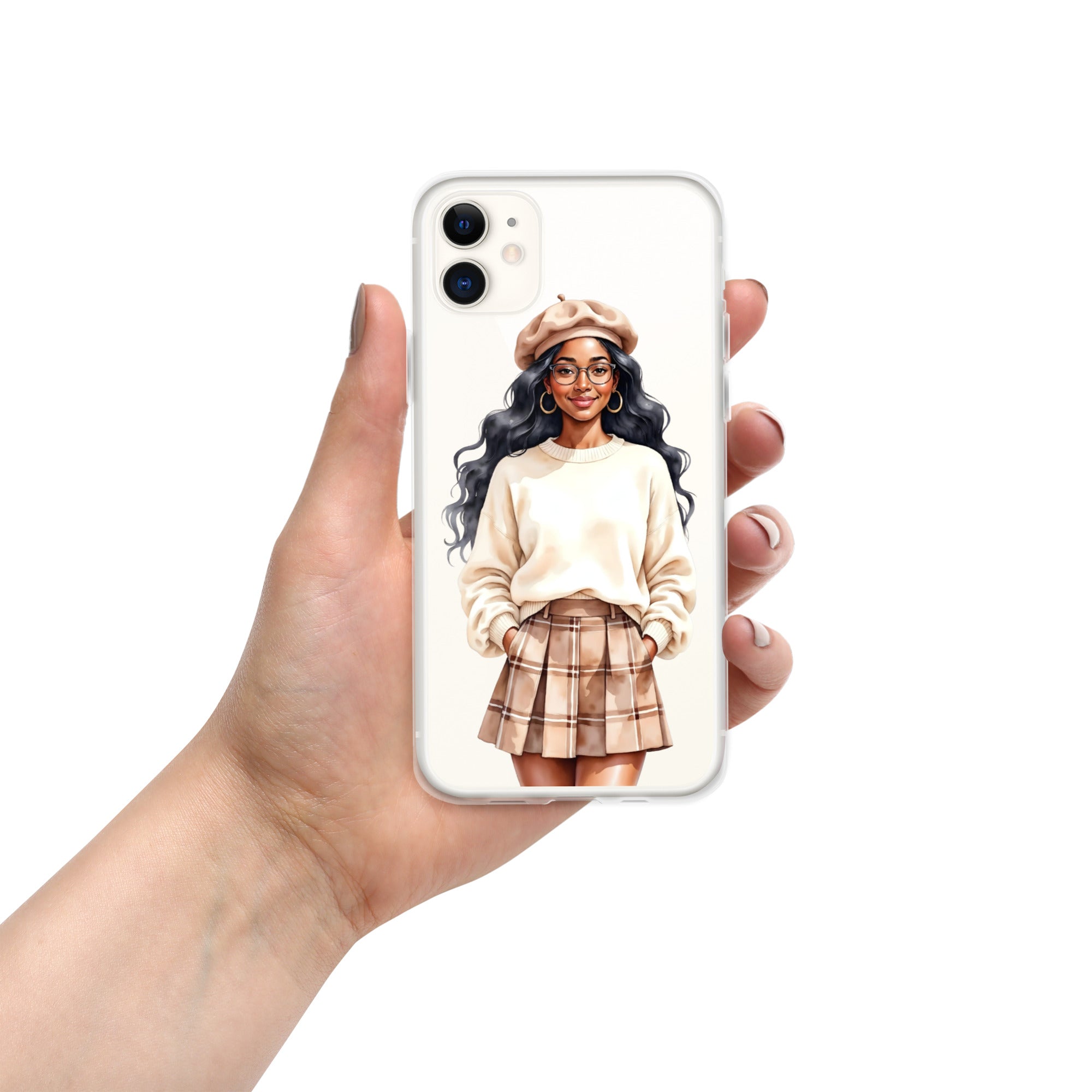 Cozy Plaid Autumn Girl Clear Case for iPhone 11 - Fashion Illustration Protective Cover