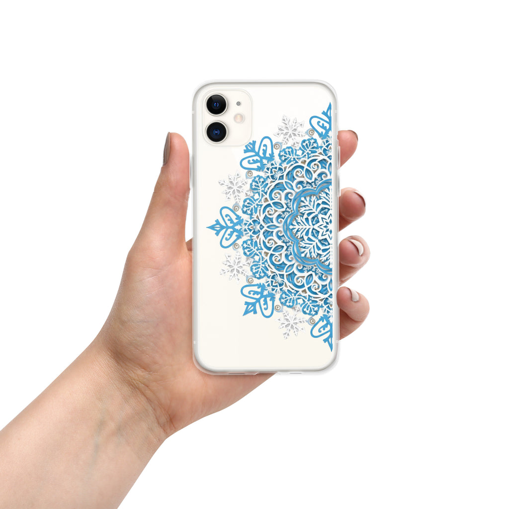 Frozen Mandala Snowflake Clear Case for iPhone 11 - Blue & White Winter Mandala Protective Cover