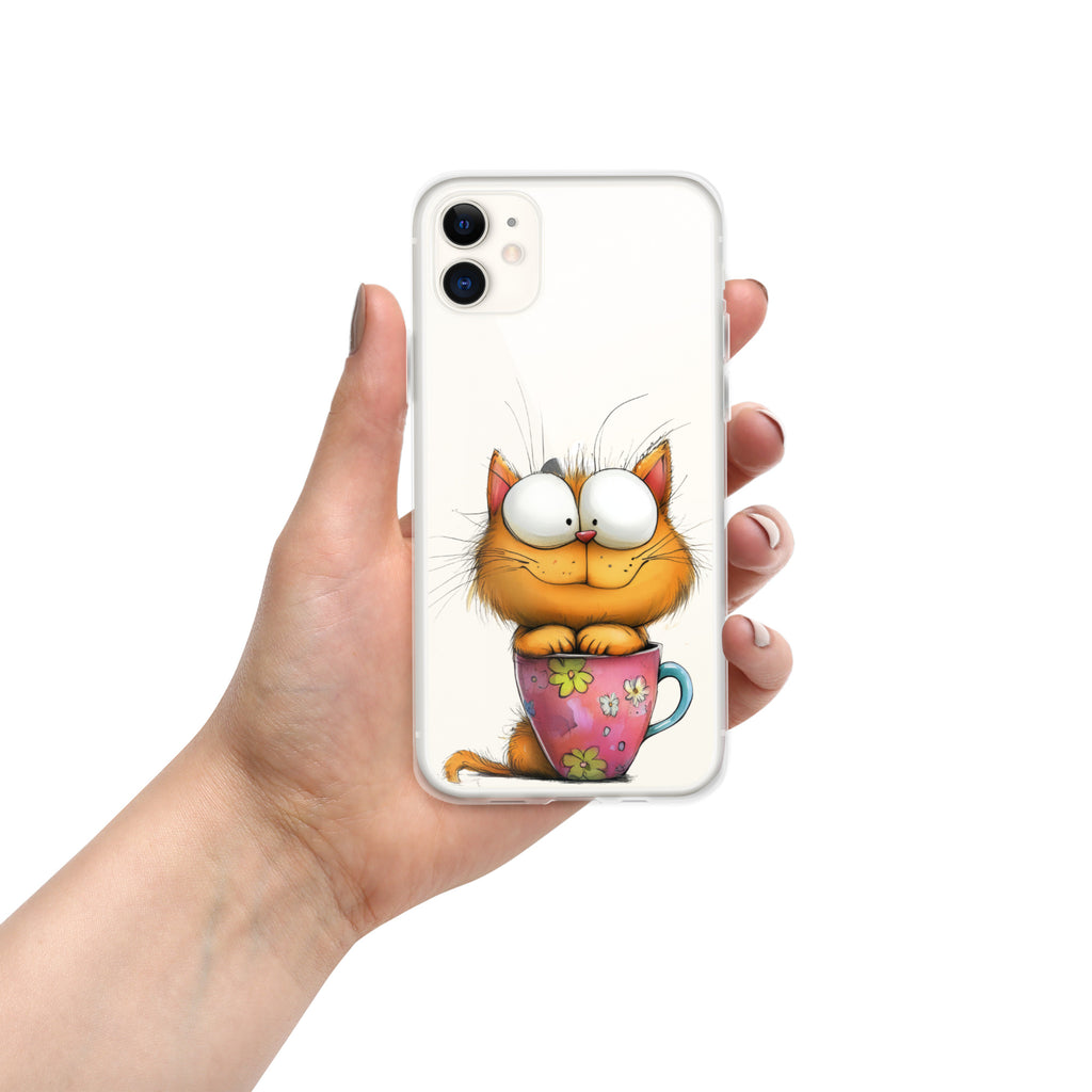 Goofy Cat in Cup Clear Case for iPhone 11 - Funny Cartoon Kitty Protective Cover