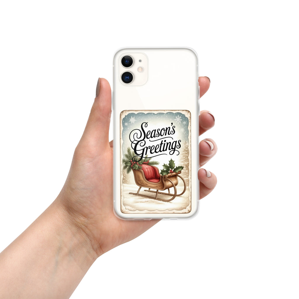 Season’s Greetings Vintage Holiday Clear Case for iPhone 11 - Retro Christmas Sleigh Festive Cover