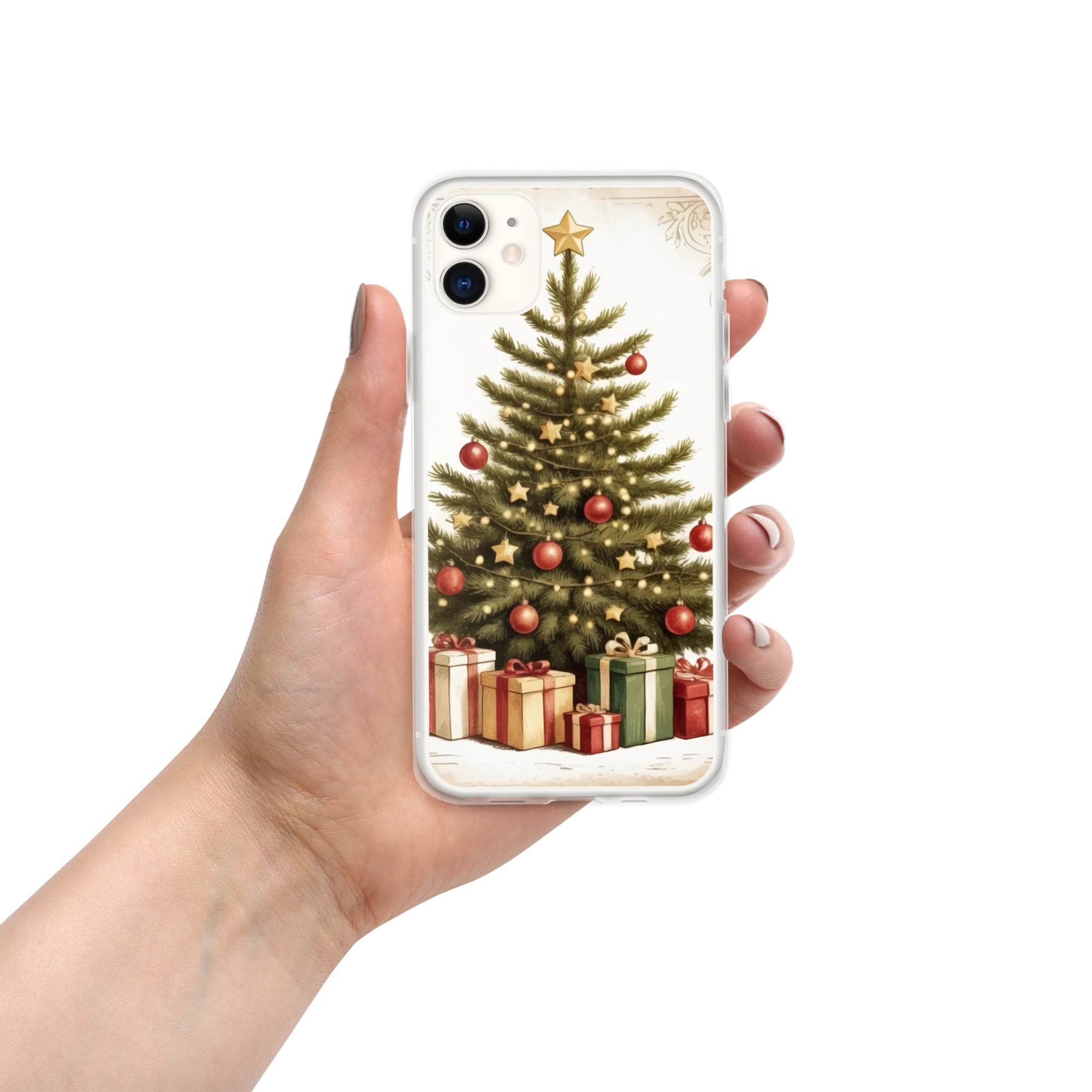 Vintage Christmas Tree Clear Case for iPhone 11 - Festive Holiday Tree & Gifts Protective Cover