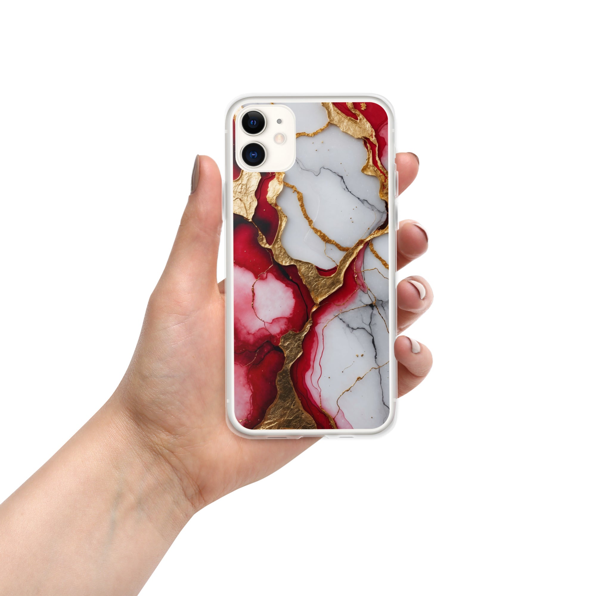 Crimson Golden Marble Luxe Clear Case for iPhone 11 - Luxury Red & Gold Marble Protective Cover