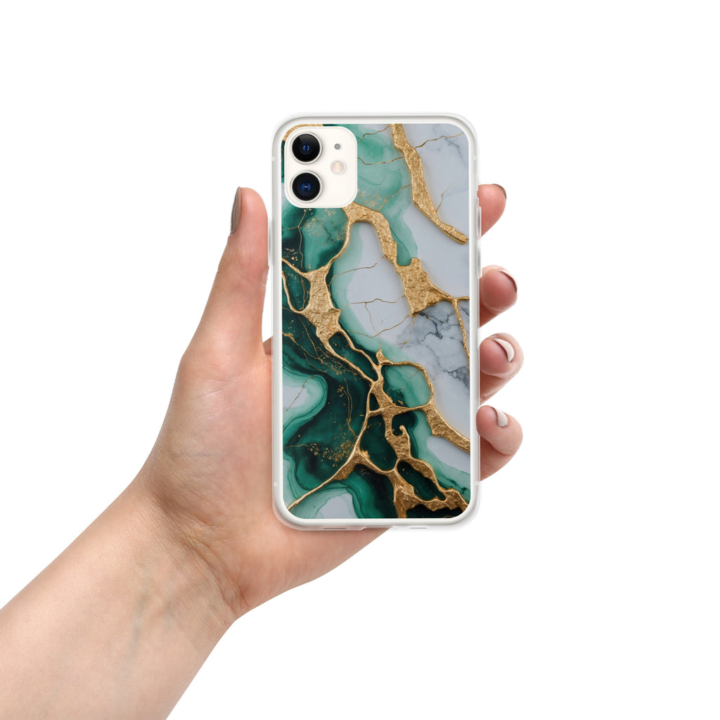 Emerald Golden Marble Flow Clear Case for iPhone 11 - Luxury Green & Gold Marble Protective Cover