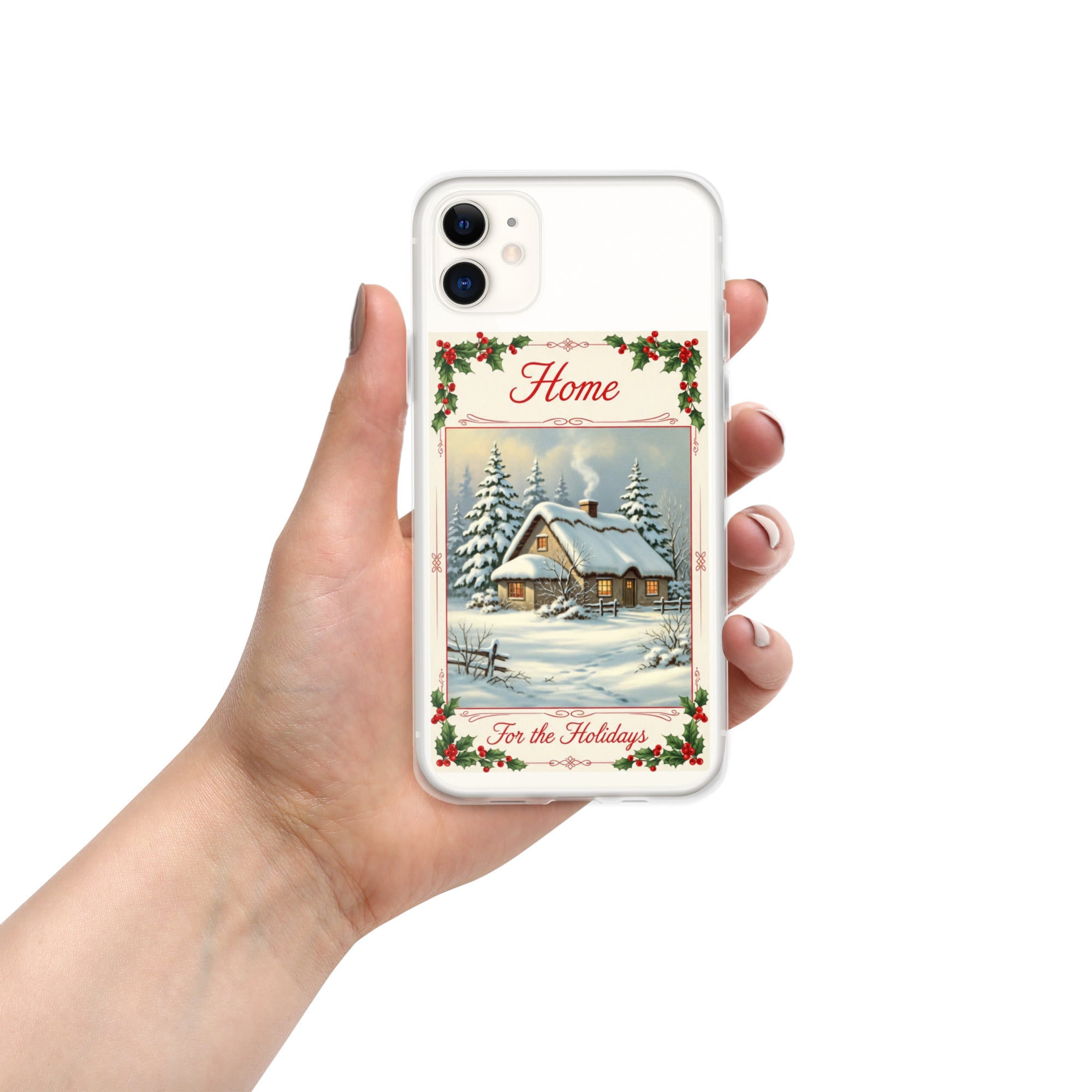 Home for the Holidays Clear Case for iPhone 11 - Vintage Christmas Cottage Protective Cover