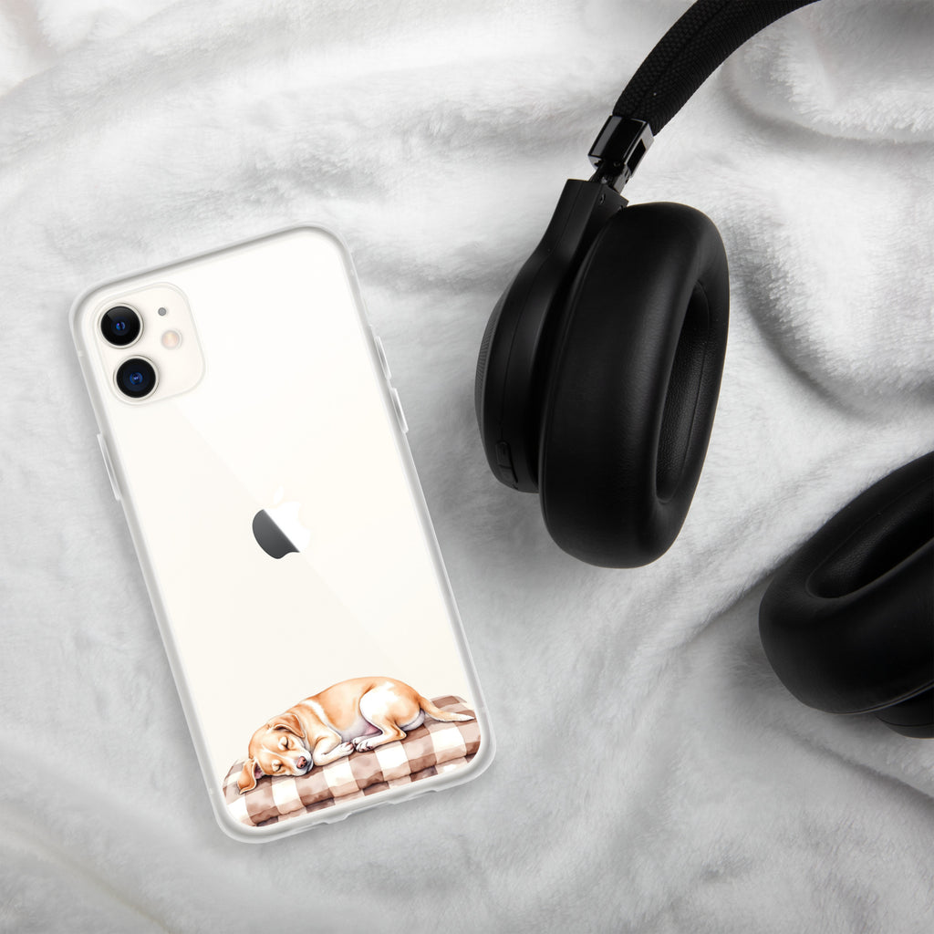 Sleepy Dog on Checkered Blanket Clear Case for iPhone 11 - Cute Cozy Puppy Illustration Protective Cover