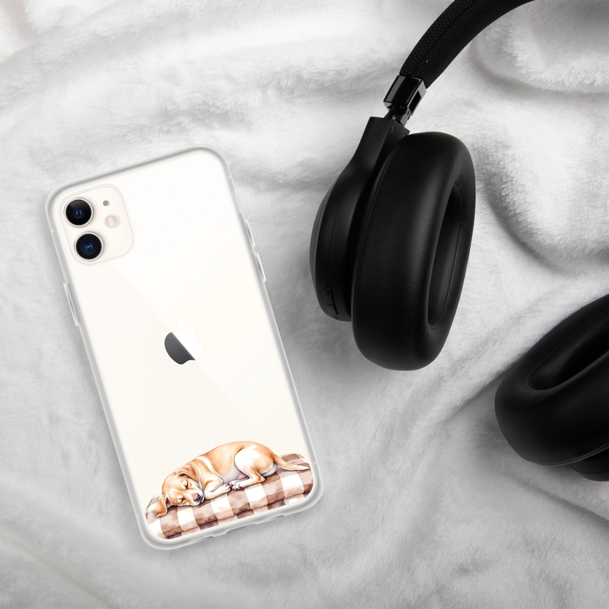 Sleepy Dog on Checkered Blanket Clear Case for iPhone 11 - Cute Cozy Puppy Illustration Protective Cover