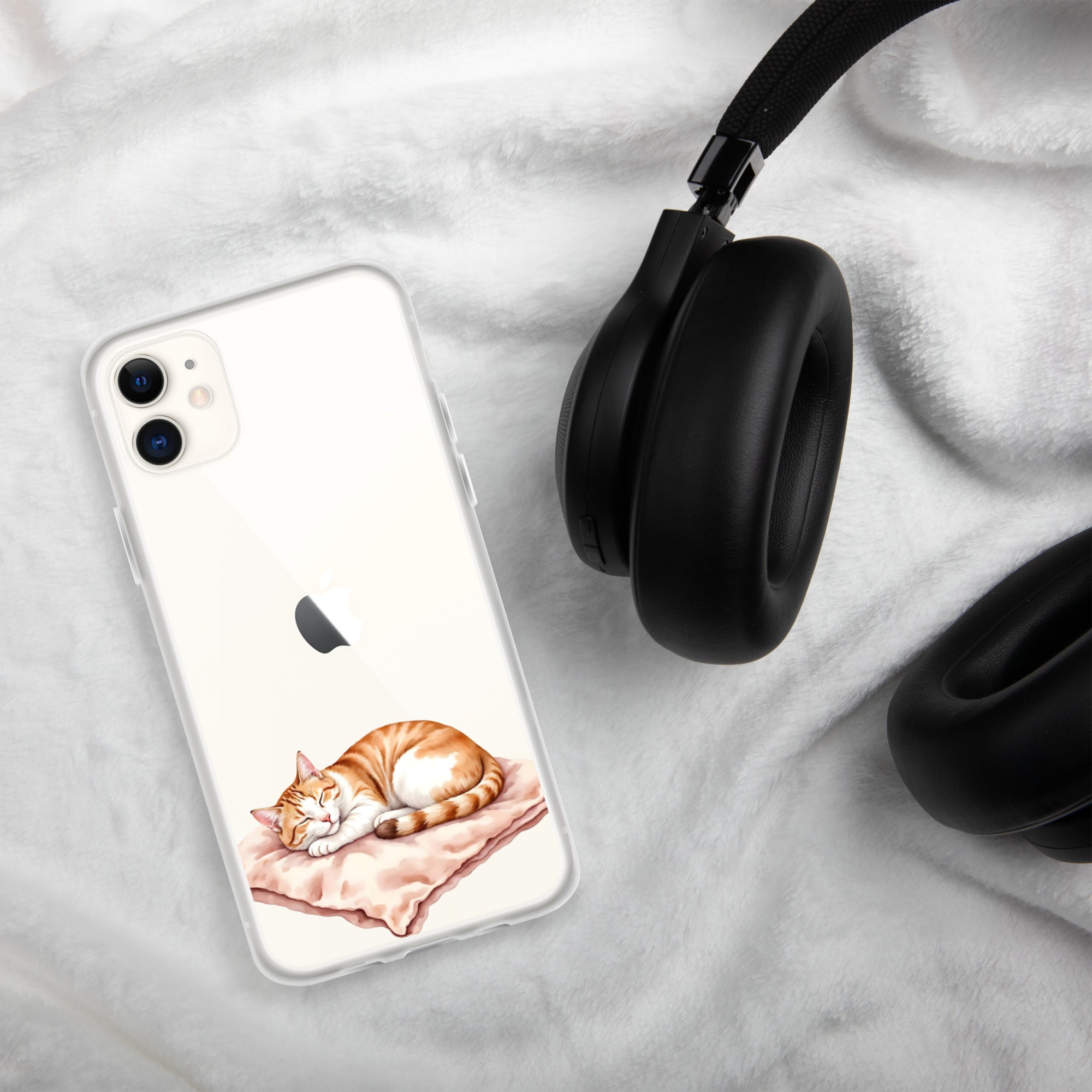 Sleepy Cat on Pillow Clear Case for iPhone 11 - Cute Cozy Kitty Illustration Protective Cover