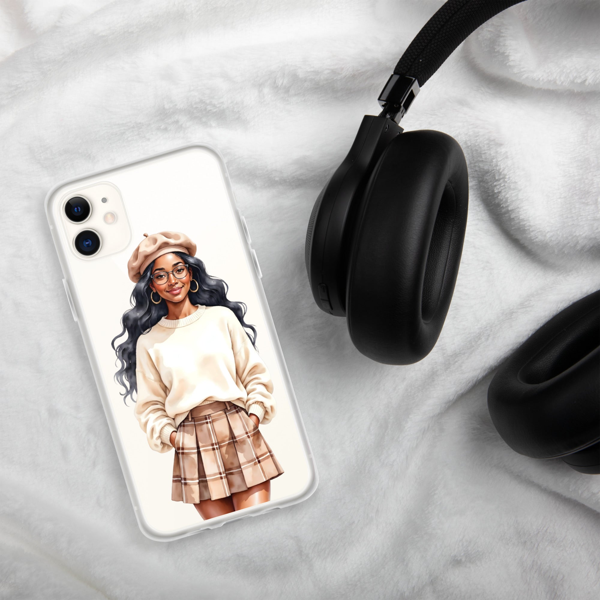 Cozy Plaid Autumn Girl Clear Case for iPhone 11 - Fashion Illustration Protective Cover