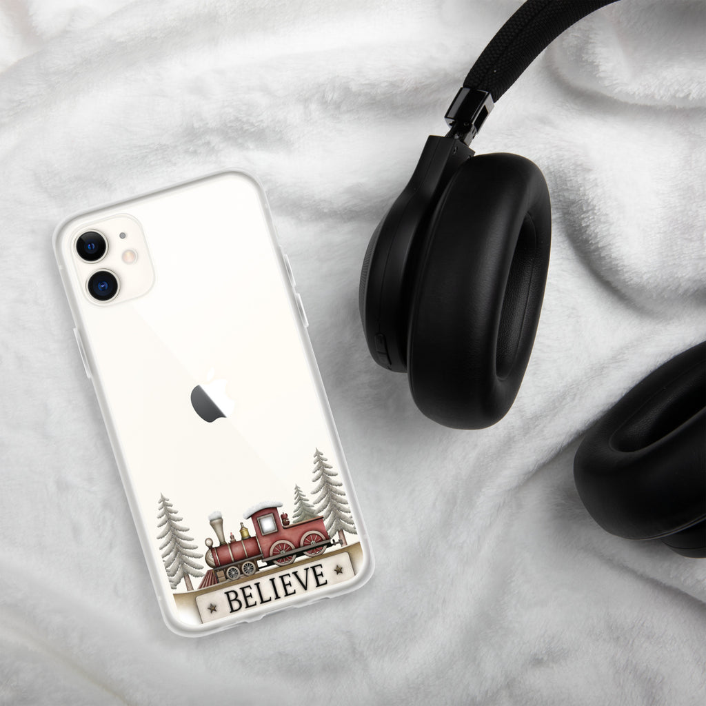 Christmas Believe Train Clear Case for iPhone 11 - Vintage Holiday Train Illustration Protective Cover