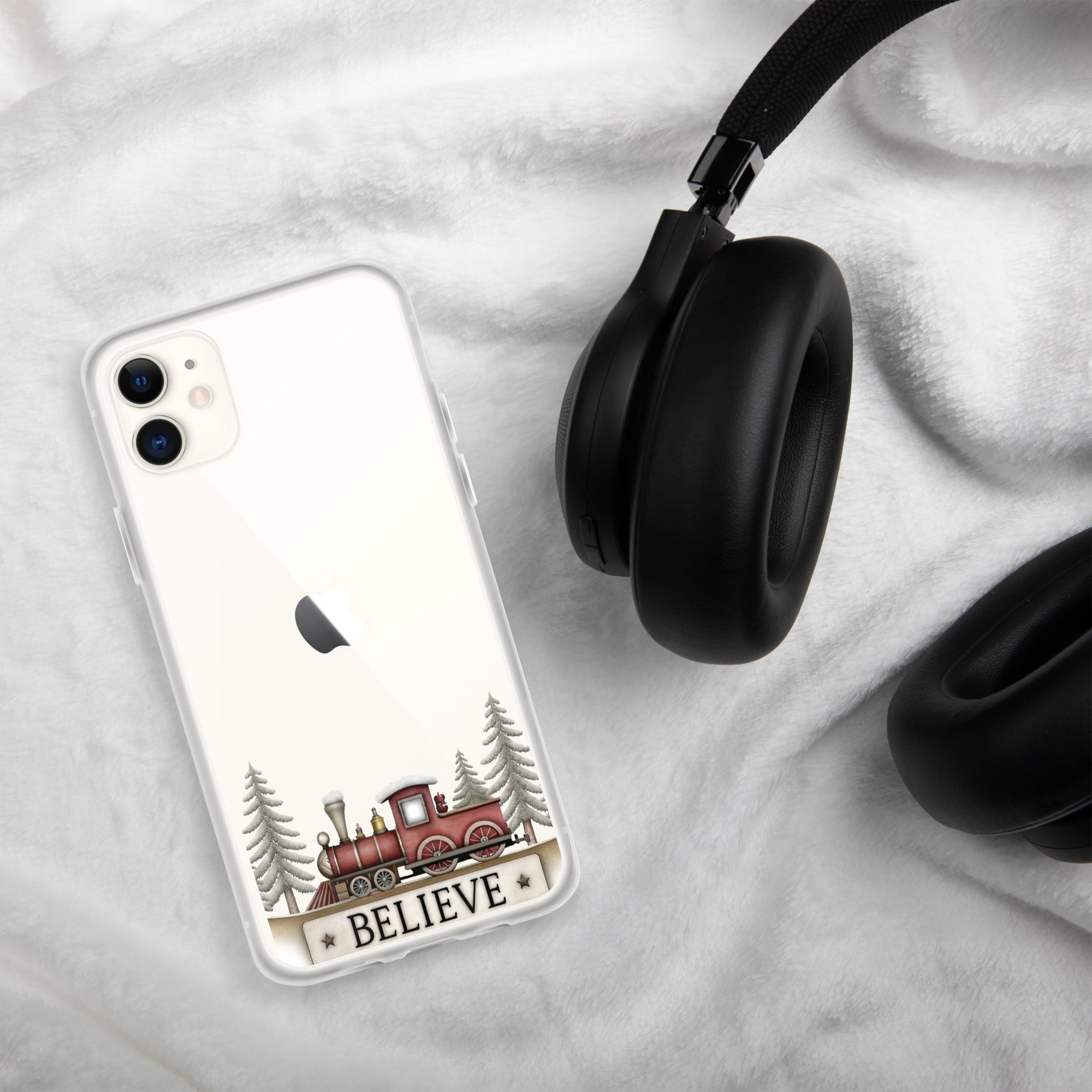 Christmas Believe Train Clear Case for iPhone 11 - Vintage Holiday Train Illustration Protective Cover