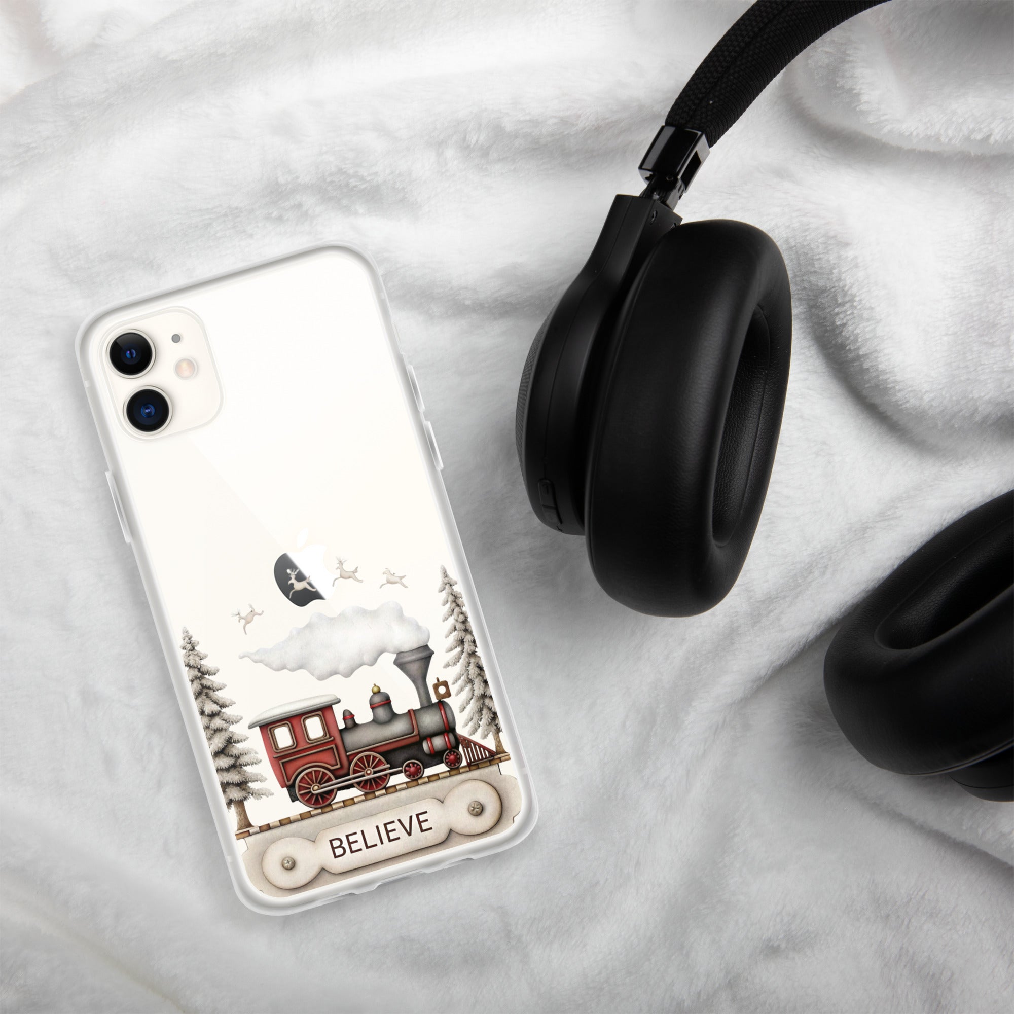 Believe Christmas Train Clear Case for iPhone 11 - Vintage Holiday Locomotive Winter Scene Cover