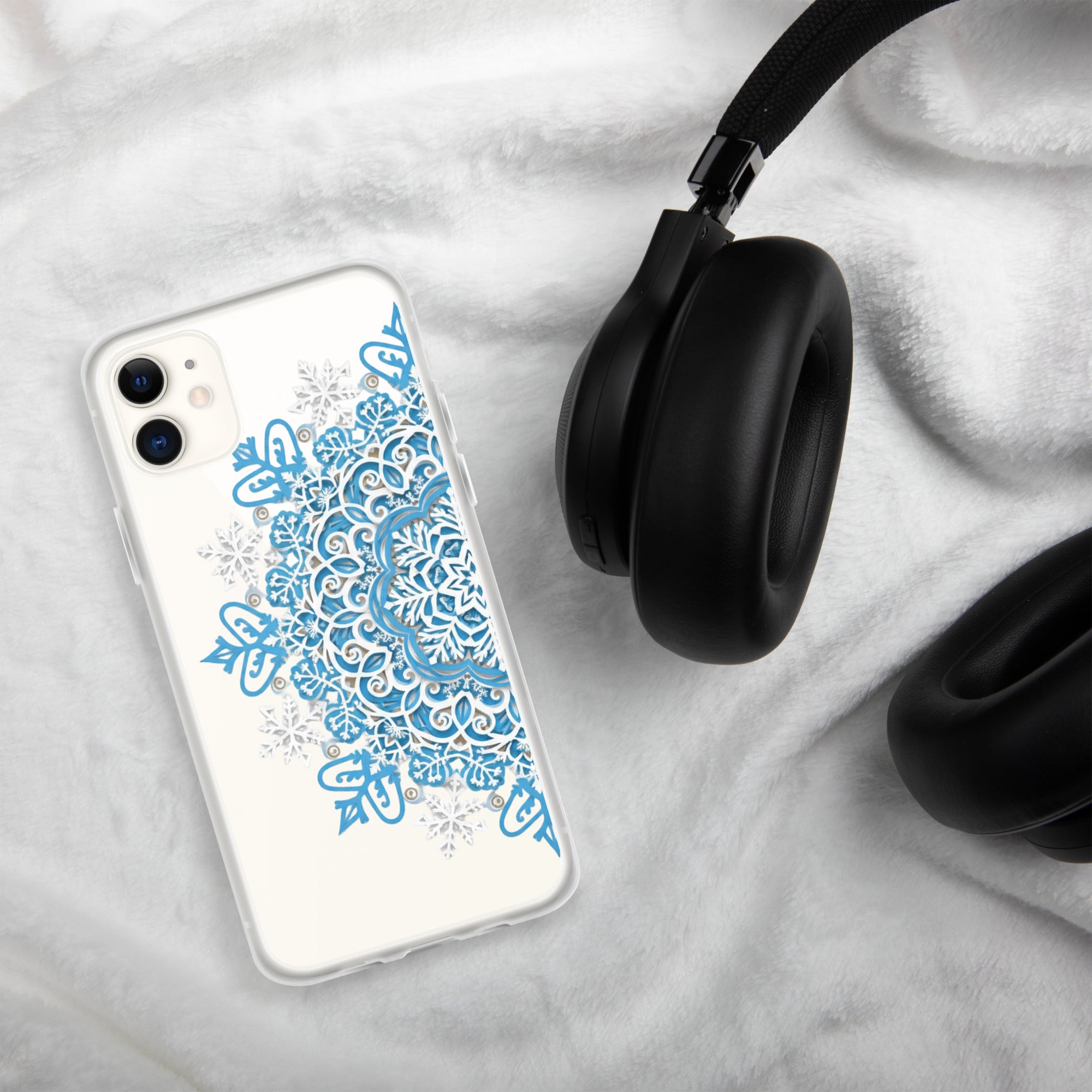Frozen Mandala Snowflake Clear Case for iPhone 11 - Blue & White Winter Mandala Protective Cover