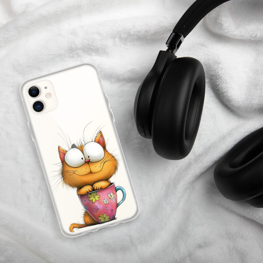 Goofy Cat in Cup Clear Case for iPhone 11 - Funny Cartoon Kitty Protective Cover