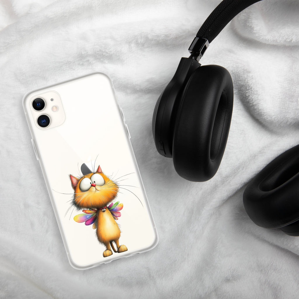 Fairy Cat Clear Case for iPhone 11 - Cute Magical Kitty with Colorful Wings Protective Cover
