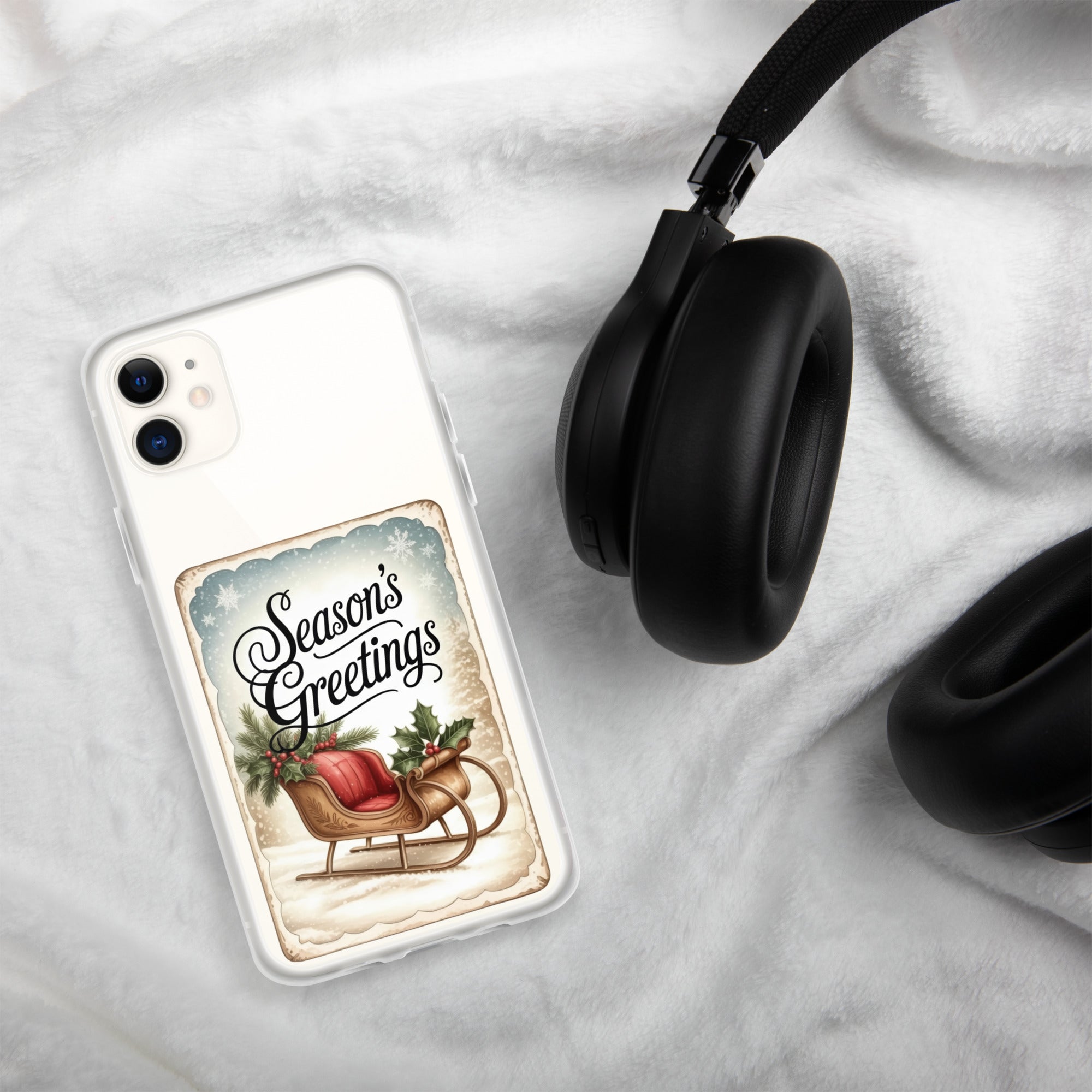 Season’s Greetings Vintage Holiday Clear Case for iPhone 11 - Retro Christmas Sleigh Festive Cover