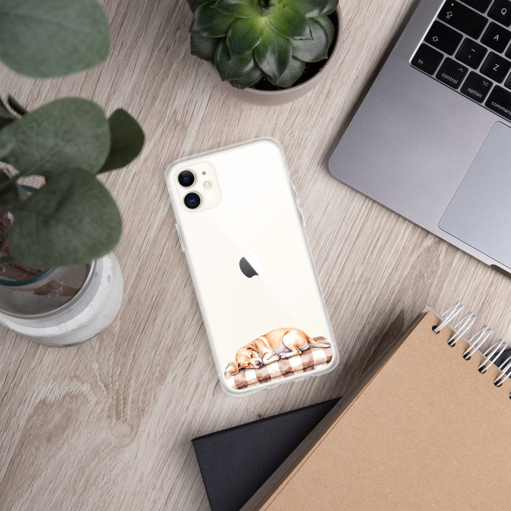 Sleepy Dog on Checkered Blanket Clear Case for iPhone 11 - Cute Cozy Puppy Illustration Protective Cover