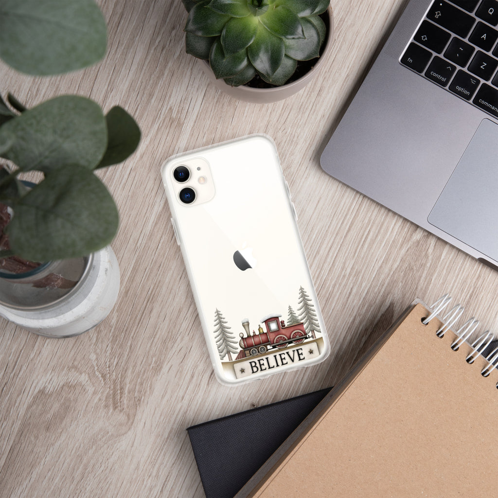 Christmas Believe Train Clear Case for iPhone 11 - Vintage Holiday Train Illustration Protective Cover