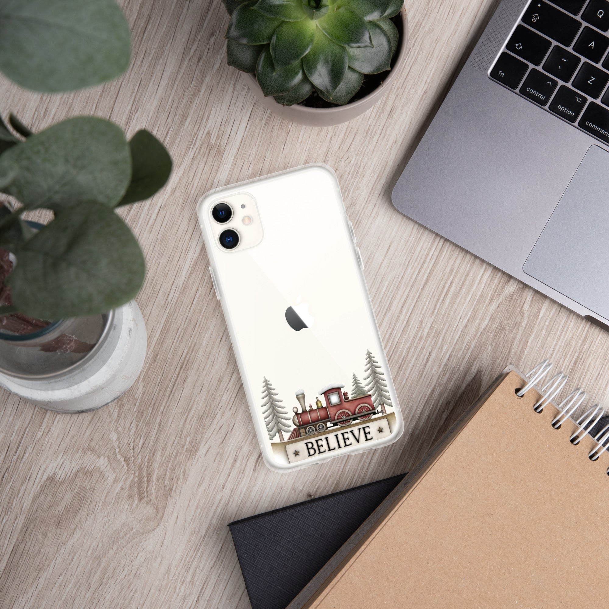Christmas Believe Train Clear Case for iPhone 11 - Vintage Holiday Train Illustration Protective Cover