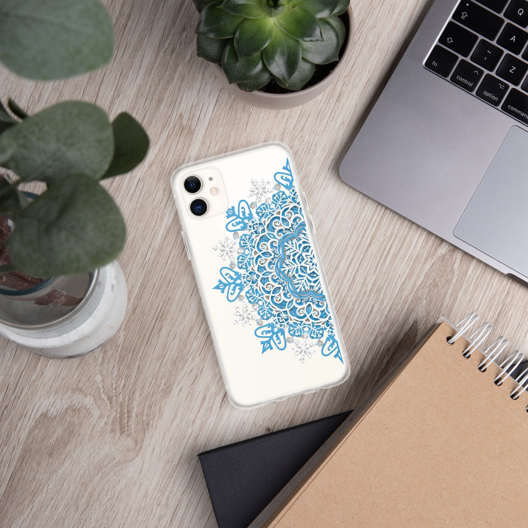 Frozen Mandala Snowflake Clear Case for iPhone 11 - Blue & White Winter Mandala Protective Cover